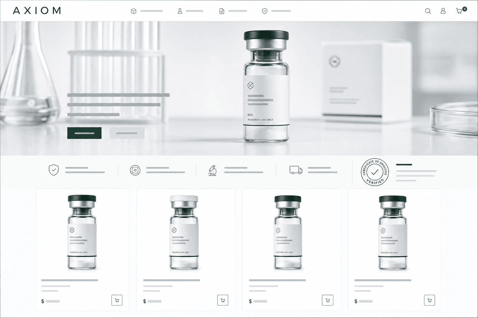 Light, laboratory-clean storefront template: white surfaces, green accents, COA-verified badge, product grid of peptide vials