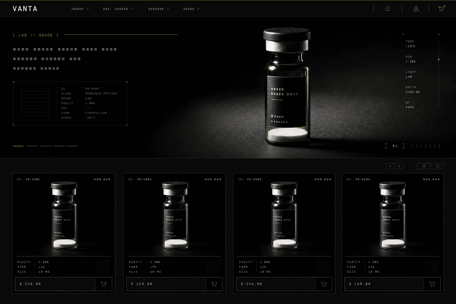Dark technical storefront template: near-black surfaces, monospaced spec panels, dramatically lit vials, green signal accents